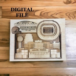 Laser geschnitten SVG-Digitalschnitt-Datei | Knoxville, Tennessee Skyline und 3D College Football Stadion