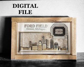 Archivo digital SVG para corte láser / Horizonte de Detroit, Michigan y estadio de fútbol en 3D / Vista interior
