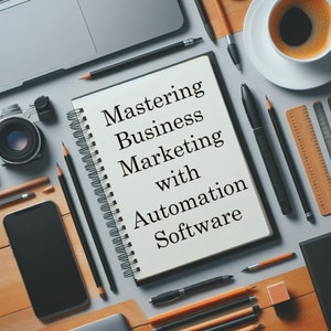 Puede incluir: Un cuaderno blanco con una encuadernación en espiral negra y el texto "Mastering Business Marketing with Automation Software" escrito en negro.