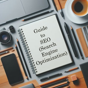 May include: An overhead shot of a workspace with a notebook titled "Guide to SEO (Search Engine Optimization)". The notebook is surrounded by a laptop, a camera, a smartphone, pens, pencils, a ruler, and a cup of coffee.