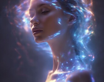 May include: A woman with her eyes closed, surrounded by swirling, iridescent light. The light appears to be emanating from her body and hair, creating a mystical and ethereal effect.