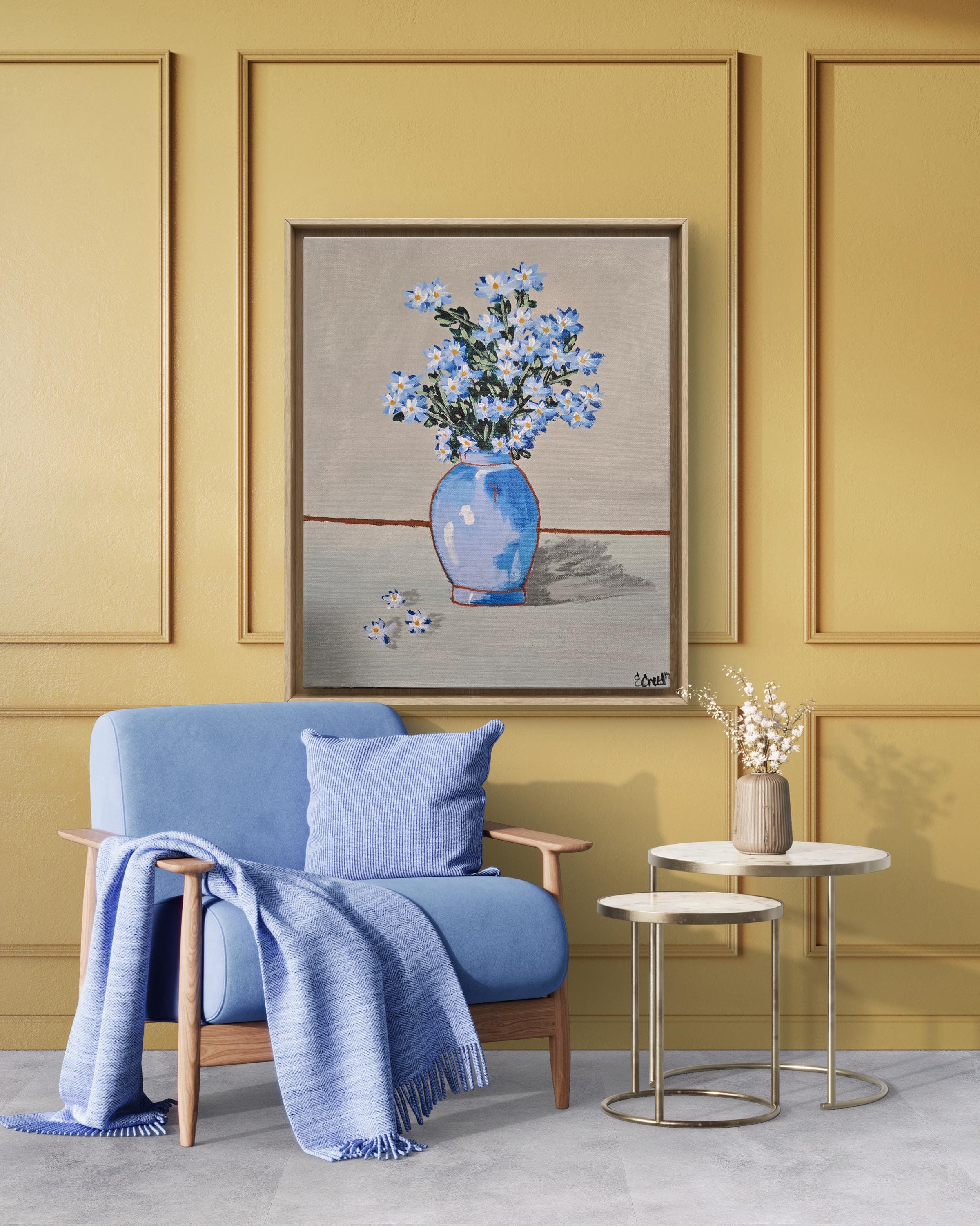 オリジナル「ブルーデイジー」アクリル画、花瓶静物画、16x21インチ