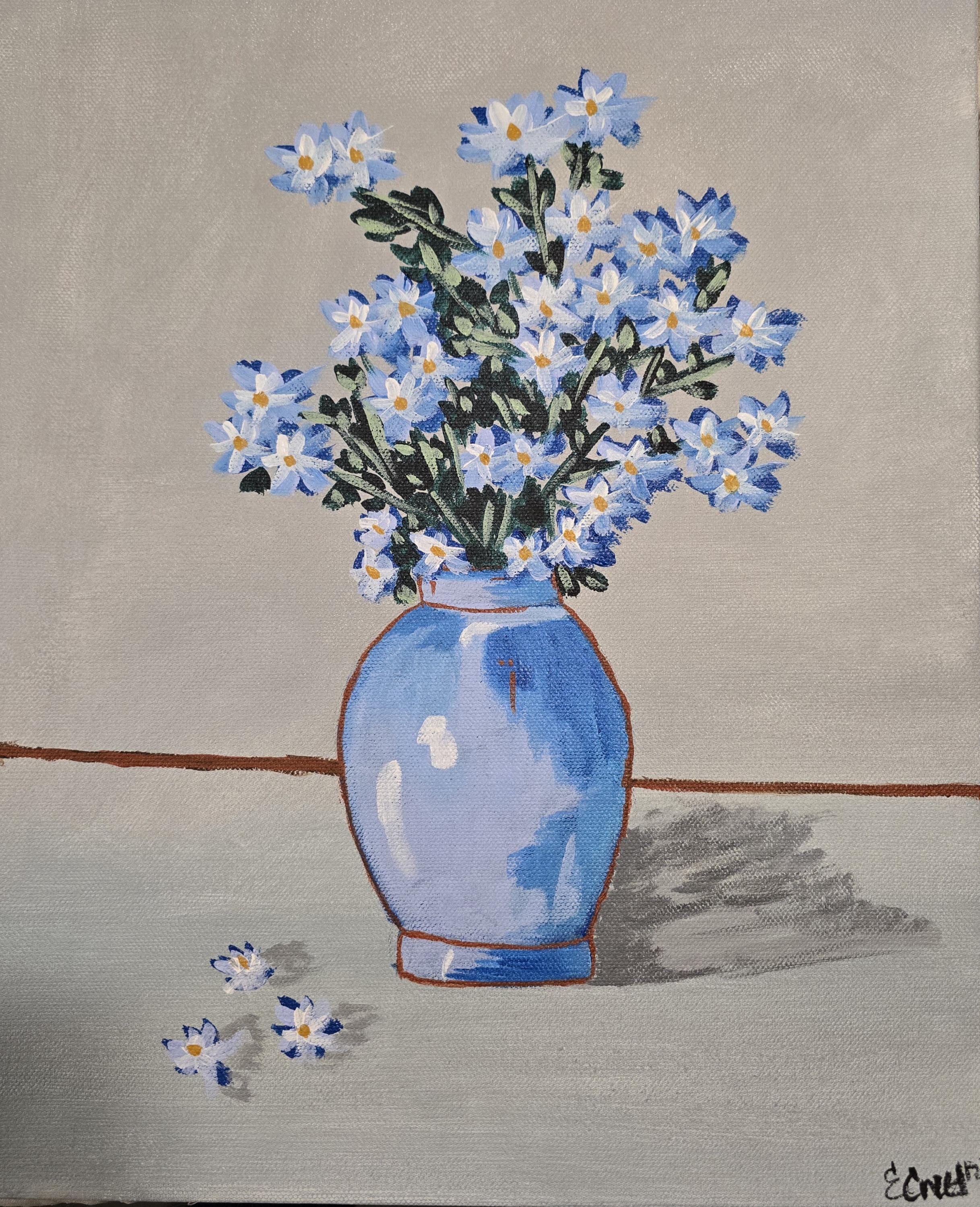オリジナル「ブルーデイジー」アクリル画、花瓶静物画、16x21インチ