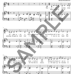 Può includere: Spartito musicale intitolato "God and Liberty" con il sottotitolo "Moroni's song" dal capitolo 46 di Helaman. La musica include testo e notazione musicale per pianoforte e voce. È visibile anche il nome del compositore, Miriam Risenhoover.