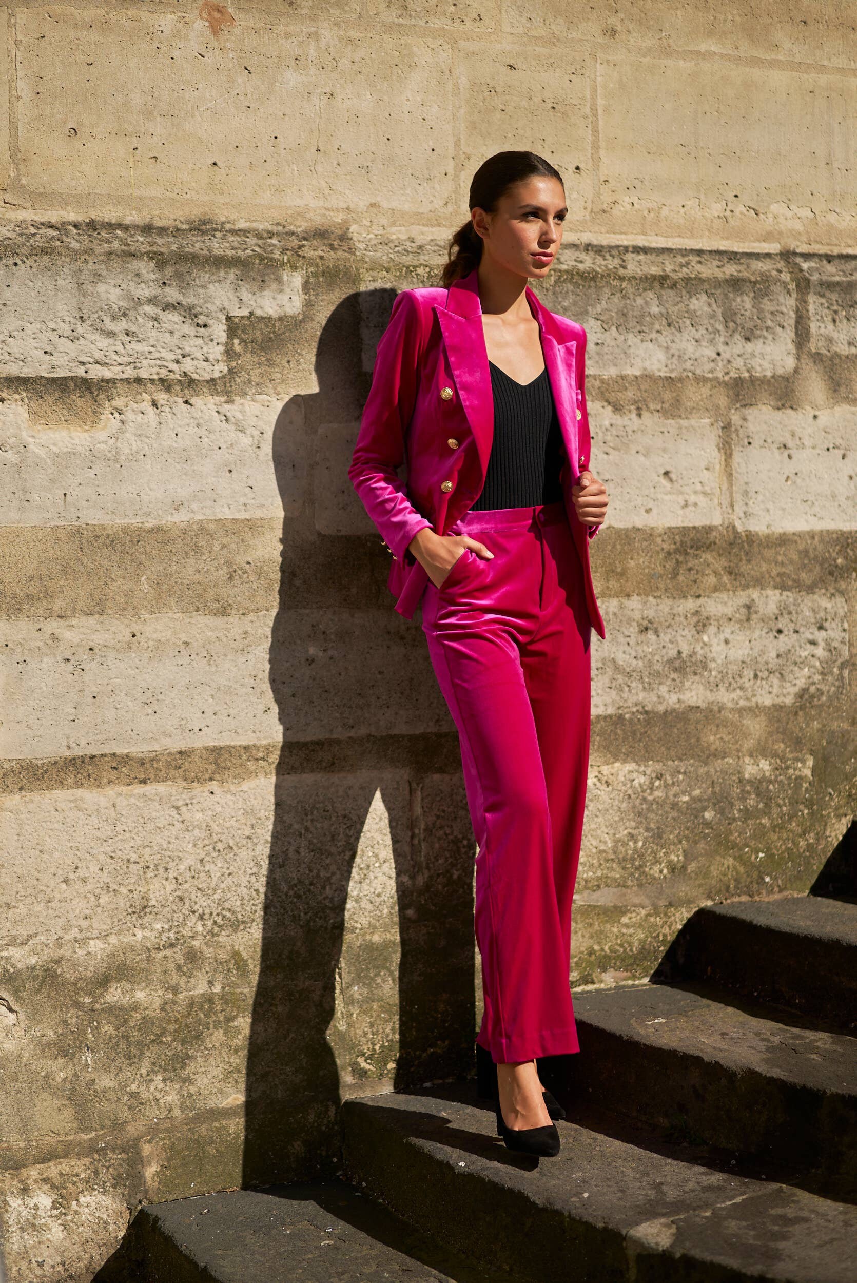 Double Breasted Velvet Blazer with Metal Lion Button