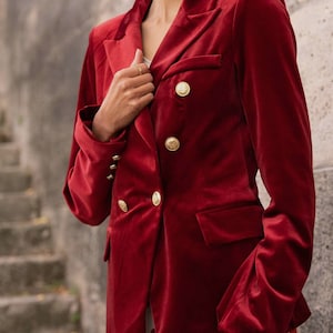 Double-breasted velvet blazer jacket with gold buttons