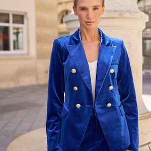Emi Double-Breasted Velvet Blazer with Gold Fastenings, Best Seller - Black, Bottle Green, Navy Blue