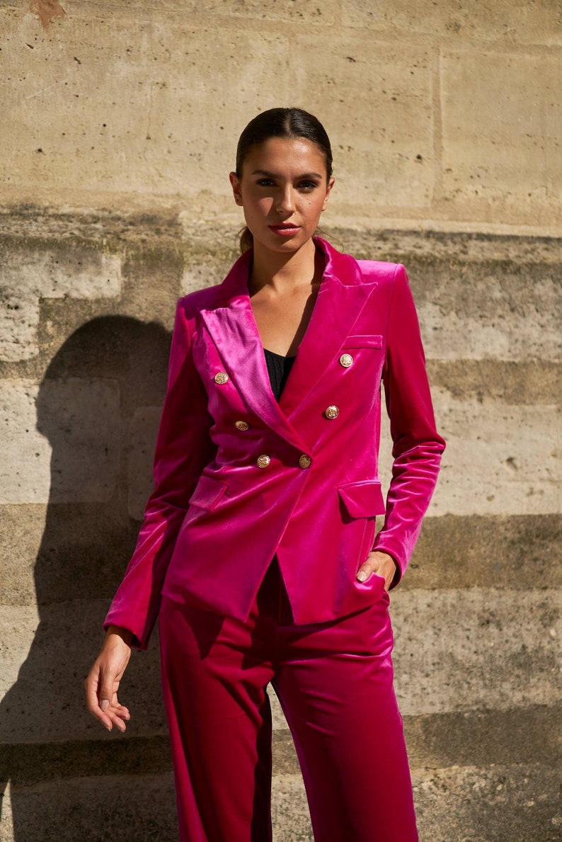 Women Black Velvet Gold Buttoned Stretch Blazer Set