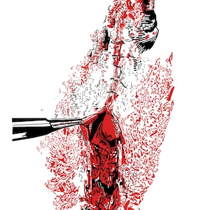 May include: A black and white illustration of a bloody, severed human leg hanging from a hook. The leg is surrounded by red splatter patterns.