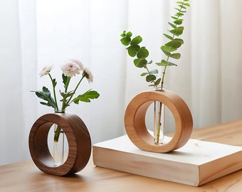 Pot de fleurs en bois pour petites fleurs | Pot de fleurs en bois élégant | Décoration de vase en bois | Pot en verre pour plantes | Cadeau de décoration pour la maison