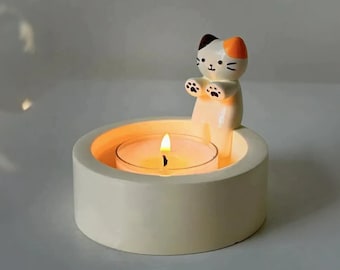 Portacandele carino | Gatto accanto al fuoco | Portacandele | Decorazione candela | Decorazione domestica | Dolce decorazione per la casa | Luce e calore per l'anima