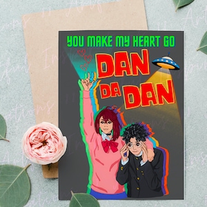 Anime Love Card stampabile, Heart Go DanDaDan Pop Culture Show, Weeb Valentine Card download digitale, CrunchyRoll Anniversary Gift Lui/Lei