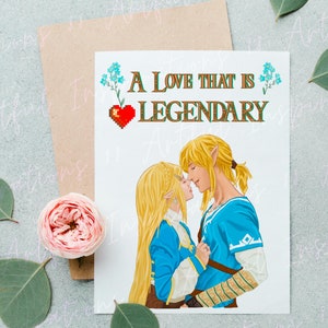 Tarjeta imprimible de amor legendario, tarjeta de aniversario de amor de Link y Zelda, regalo de cultura pop para el día de San Valentín para él/ella, descarga digital