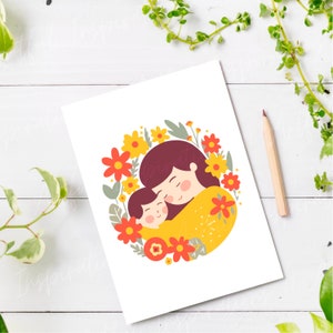 Tarjeta del Día de la Madre imprimible, diseño minimalista Descarga digital instantánea, tarjeta linda para mamá, corona floral, tarjeta de felicitación de mamá y bebé 5x7