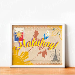 Mabuhay ! Impression d'art numérique, art mural lettre vintage Philippines, téléchargement numérique, impressions de carte des Philippines, décoration murale tendance voyage