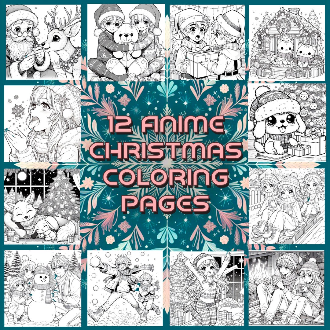 Christmas Anime Coloring Pages, 12 Printable Sheets, Manga Styled Pictures, Holiday Fun for