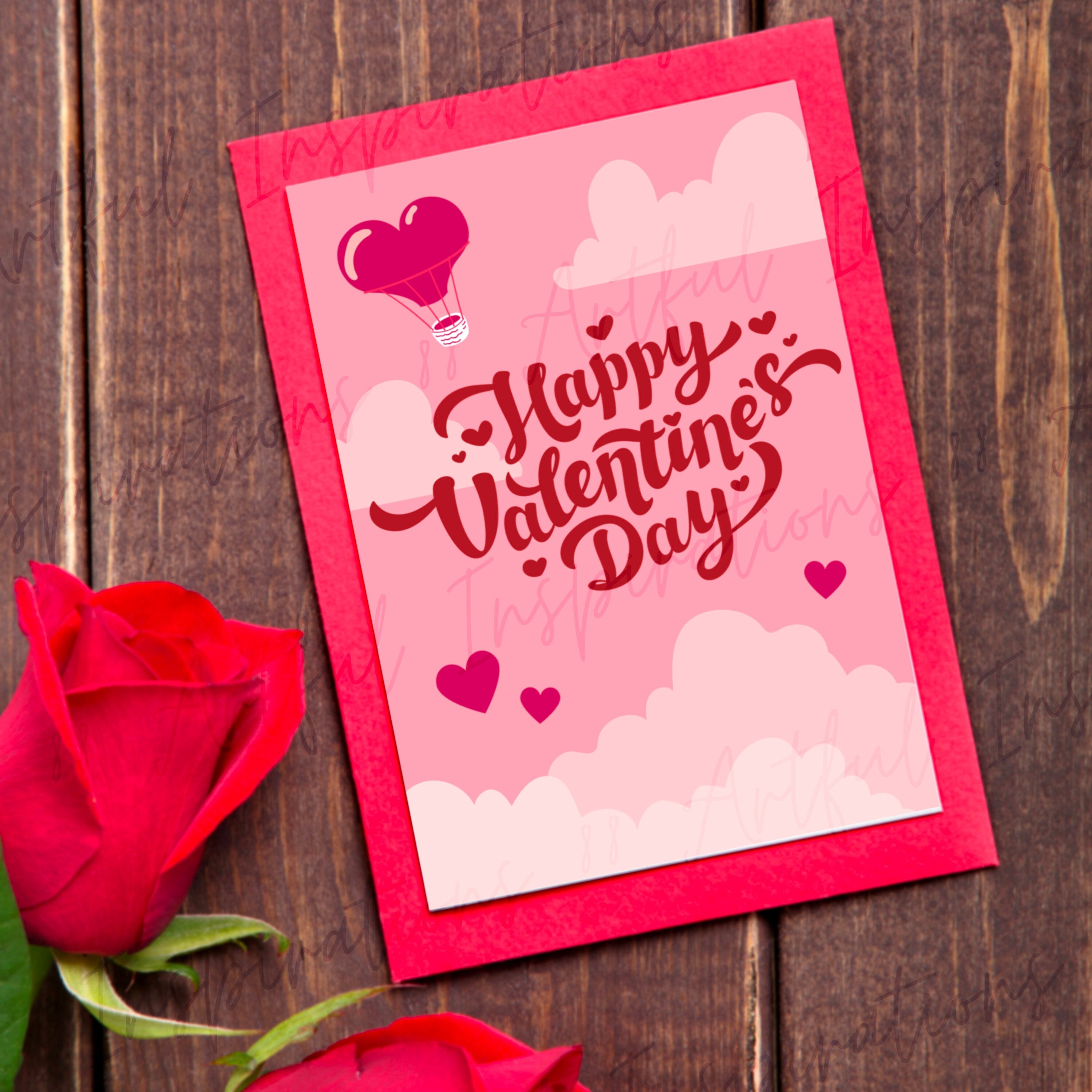 Happy Valentines Day Printable Card Pink Clouds Sky Red Heart Balloons Easy Instant Download