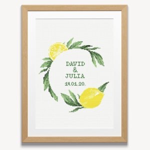 Widding kruissteekpatroon, moderne kruissteek op huwelijksverjaardag, verlovingscadeau, Instant download PDF, bruidskruissteek, citroenen