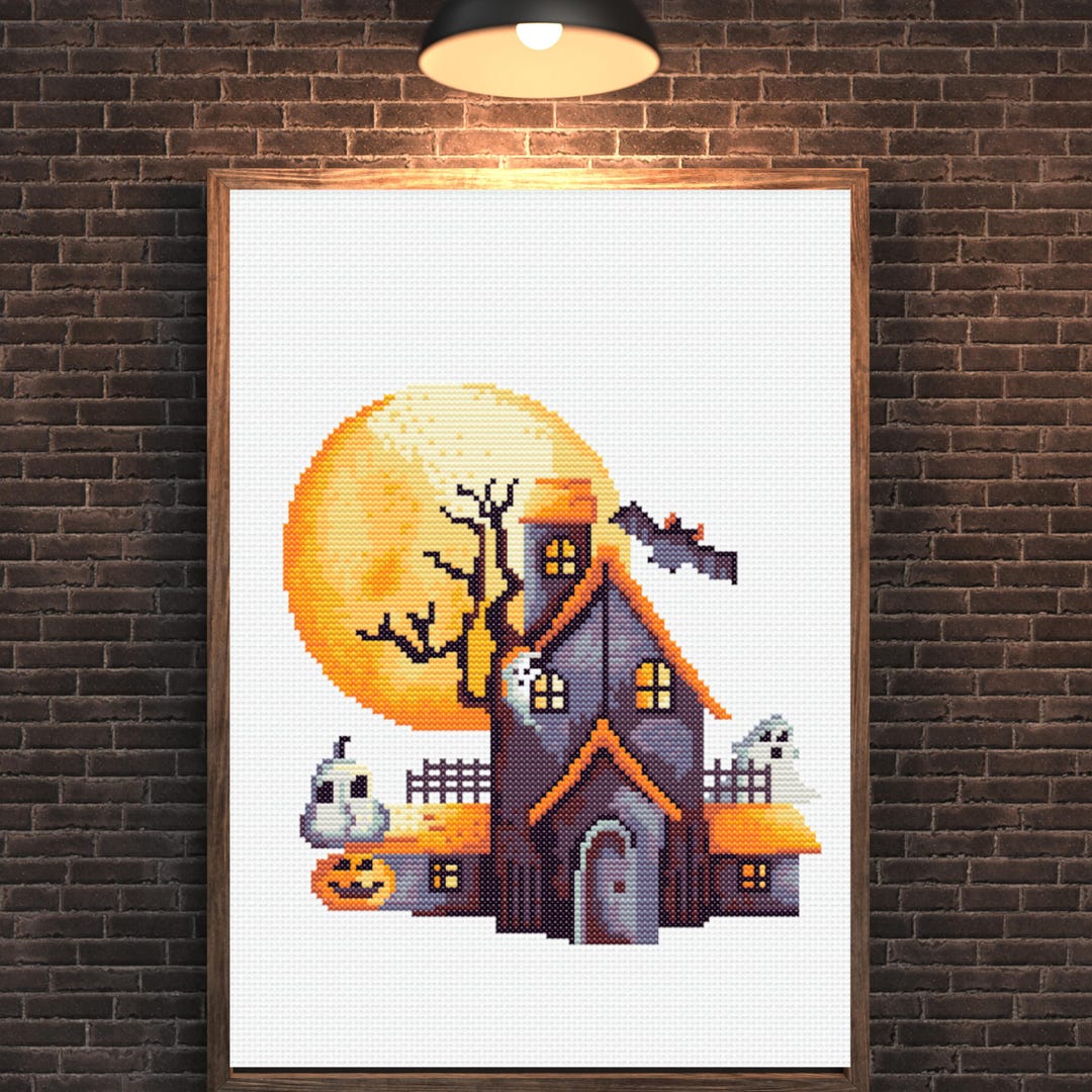 Halloween Creepy House With Ghost and Pumpkin Cross Stitch Pattern ...
