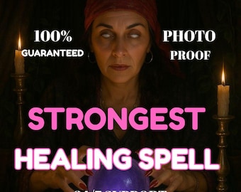 May include: An image of a woman with a red headscarf and white eyes, holding a glowing purple crystal ball. The text "STRONGEST HEALING SPELL" is displayed in pink, with additional text reading "100% GUARANTEED", "PHOTO PROOF", and "24/7 SUPPORT".