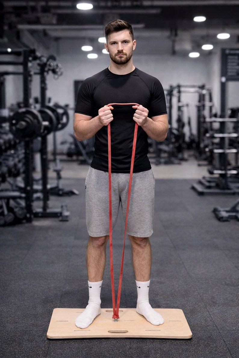 May include: A person in a gym setting holding a red resistance band. The person is wearing a black t-shirt, gray shorts, and white socks. They are standing on a wooden balance board.