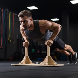 May include: A person doing push-ups using wooden push-up stands. The stands are made of light-colored wood and have a wide base. The person is wearing a gray tank top and black shorts, exercising in a gym.