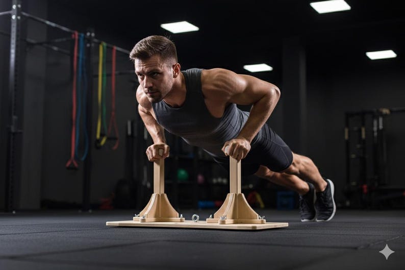 May include: A person doing push-ups using wooden push-up stands. The stands are made of light-colored wood and have a wide base. The person is wearing a gray tank top and black shorts, exercising in a gym.