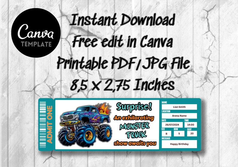 Printable Monster Truck Surprise Ticket Template (canva Editable) Etsy