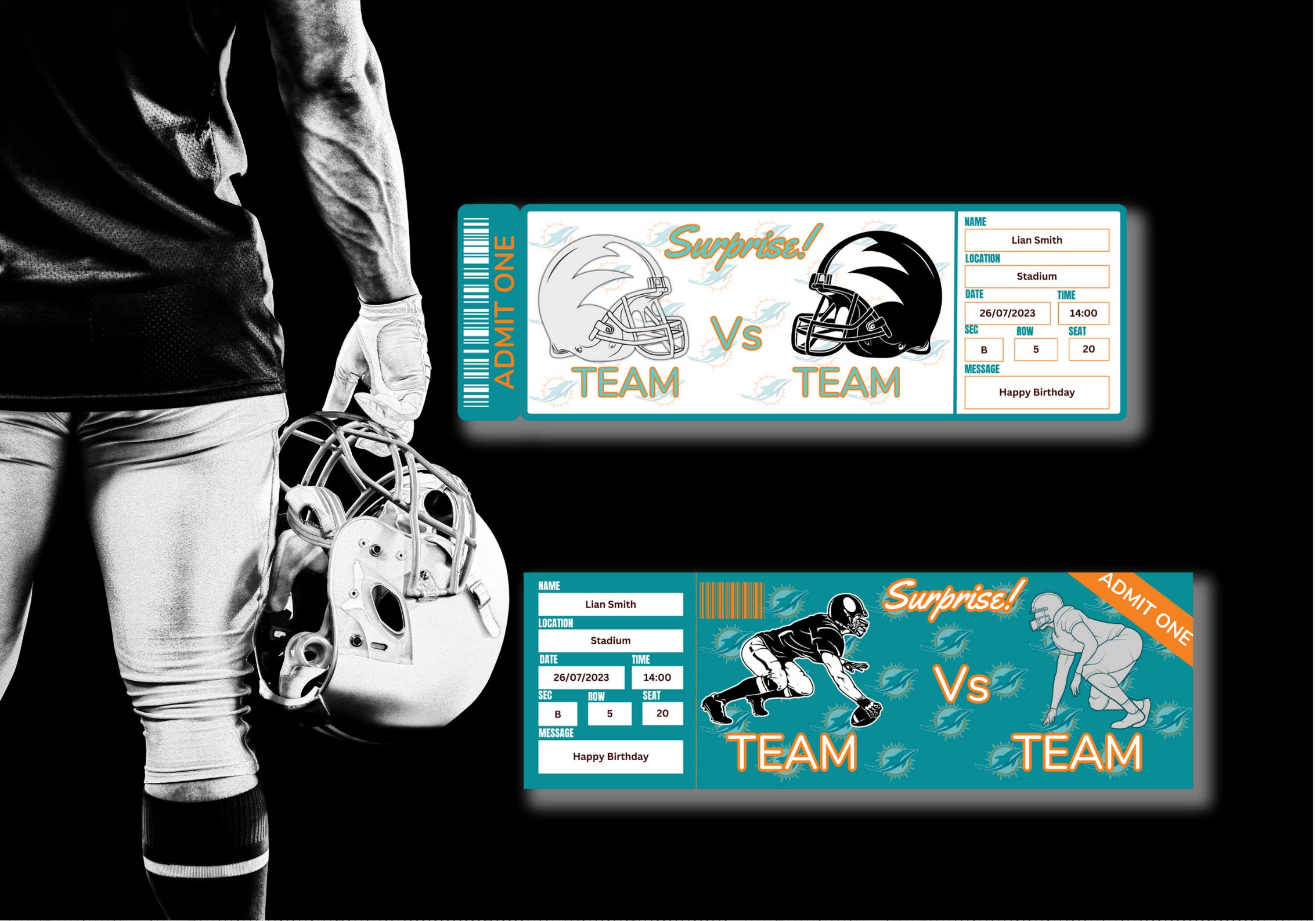 Surprise Ticket Template for Football Game Miami Colors, Instant Download, Very Easy Editable ...