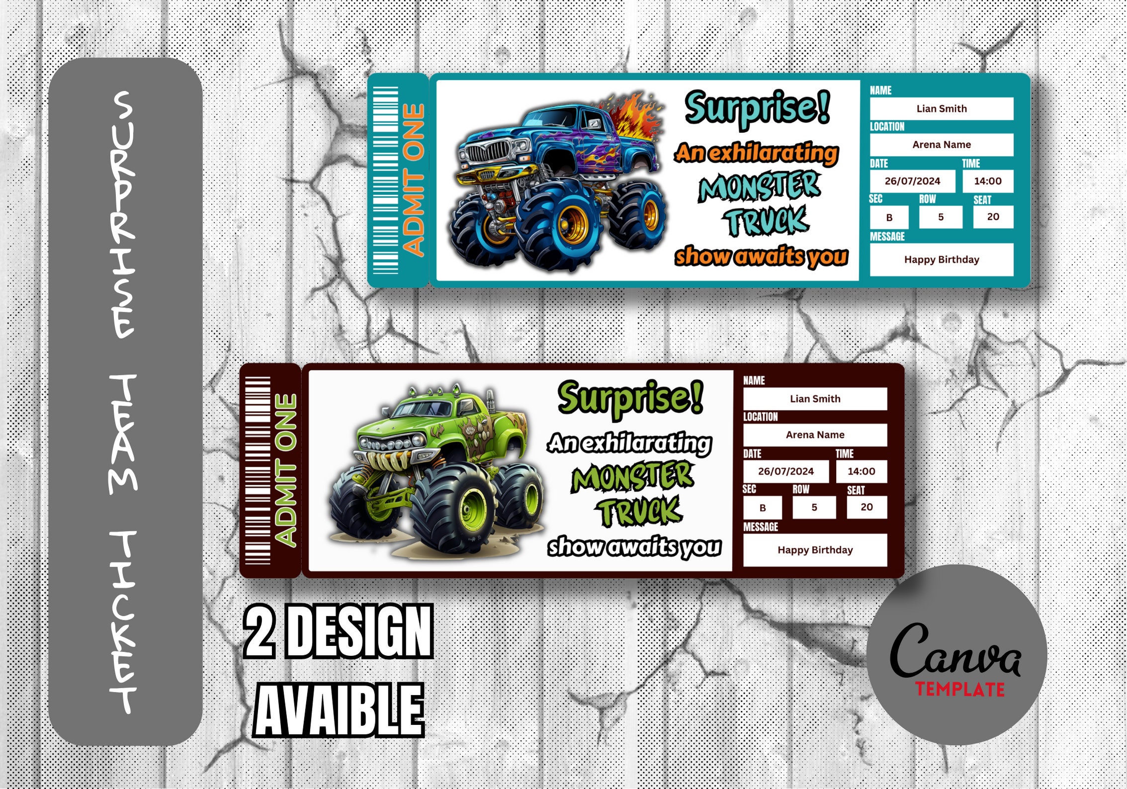 Printable Monster Truck Surprise Ticket Template (canva Editable