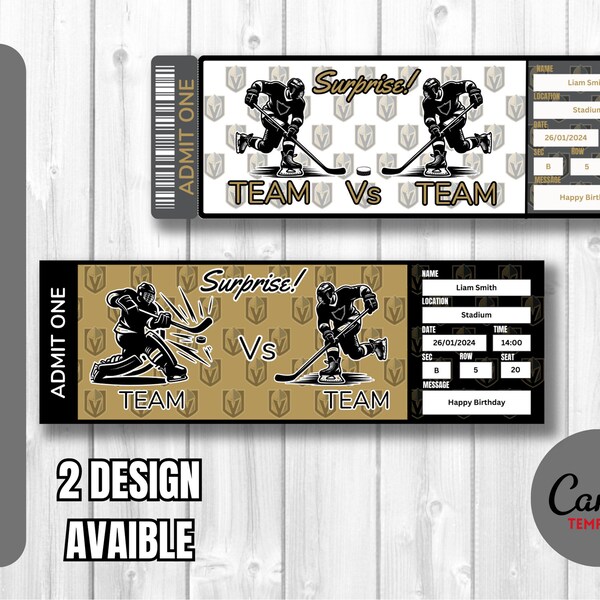 Surprise Ticket Template for Hockey Game Vegas Golden Knights Colors, Instant Download, Very Easy Editable and Printable Ticket