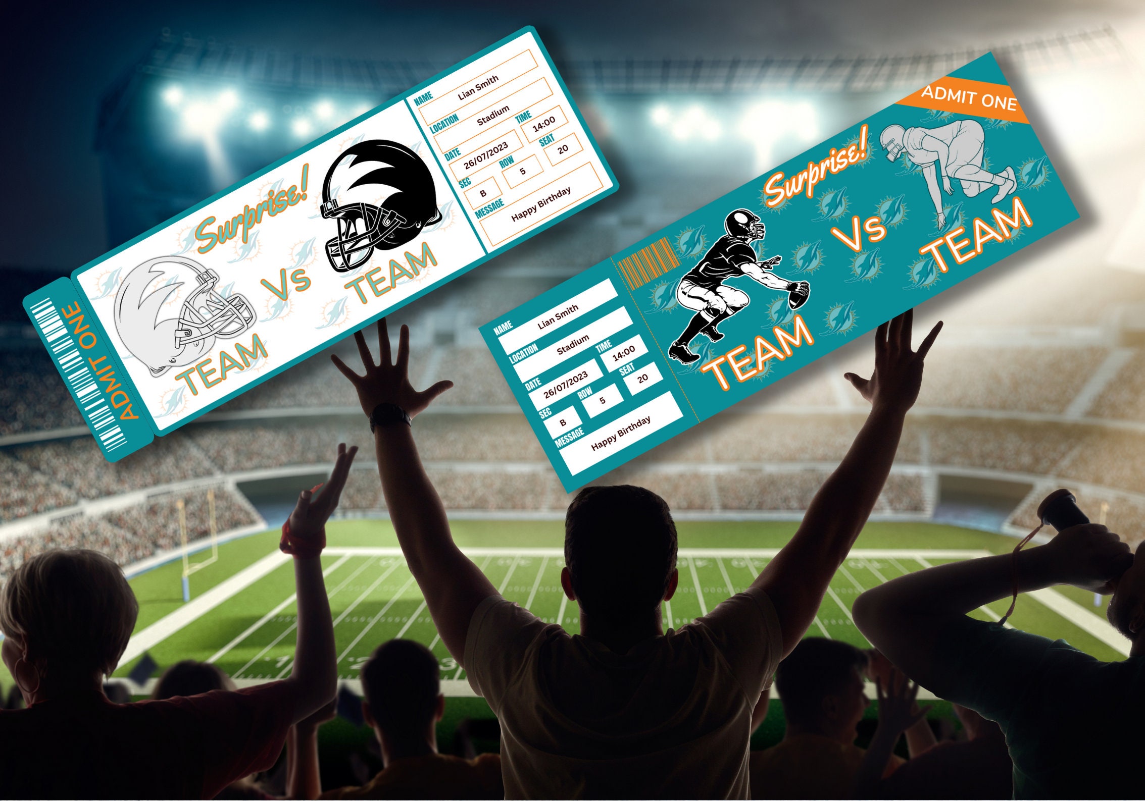 Surprise Ticket Template for Football Game Miami Colors, Instant Download, Very Easy Editable ...