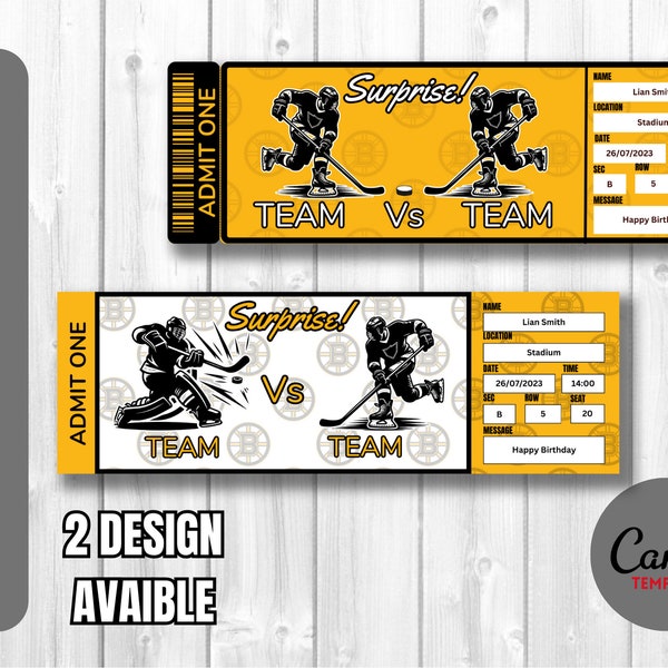 Surprise Ticket Template for Hockey Game Boston Colors, Instant Download, Very Easy Editable and Printable Ticket