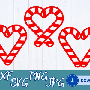 May include: Three red candy cane hearts. The candy canes are crossed in the center of the top heart. The hearts are outlined in white and have red and white stripes.