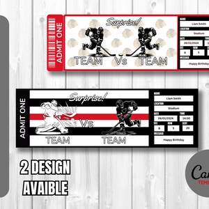 May include: Two printable hockey ticket designs with black and white stripes, red accents, and hockey player illustrations. The text on the tickets reads "Surprise! Team vs Team" and "Happy Birthday".