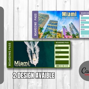 Printable Miami Surprise Travel Gift Ticket. Boarding pass/Vacation ticket/Instant download. PDF file editable in Canva.Print at home