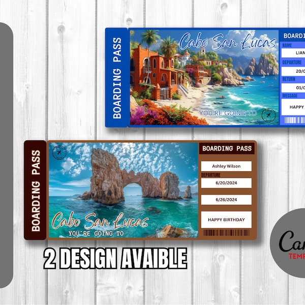 Printable Cabo San Lucas Travel Gift Ticket. Boarding pass/Vacation ticket/Instant download. PDF file editable in Canva.Print at home