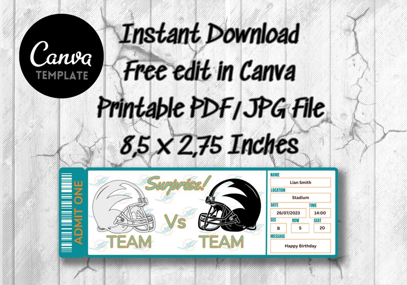 Surprise Ticket Template for Football Game Miami Colors, Instant Download, Very Easy Editable ...