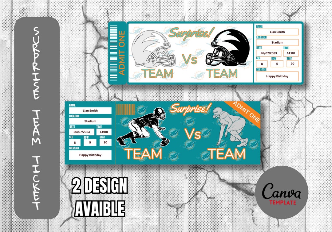 Surprise Ticket Template for Football Game Miami Colors, Instant Download, Very Easy Editable ...
