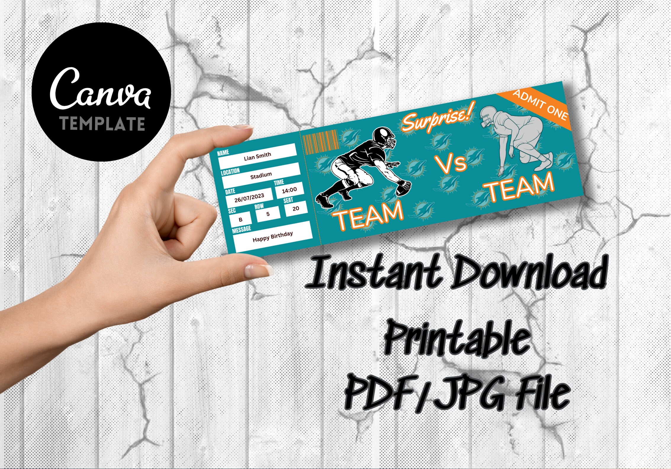 Surprise Ticket Template for Football Game Miami Colors, Instant Download, Very Easy Editable ...