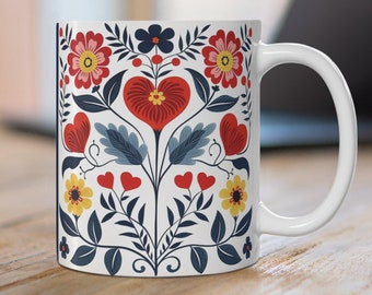 Taza de café de cerámica de 11 y 15 oz, taza de café de arte popular danés, taza de rosemaling, taza de café escandinava, taza de té de estilo nórdico, taza de café, taza floral