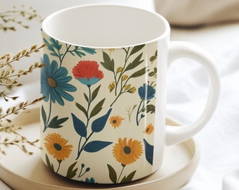 Taza de café de cerámica de 11 y 15 oz con diseño floral danés escandinavo, arte popular, taza de café nórdica vintage, estilo hygge moderno escandinavo de mediados de siglo