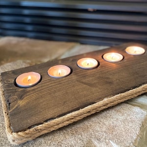 Rustic wood and rope candle centerpiece 5 tea light candle holder Handmade home decor rustic wood candle wedding decor wood table feature