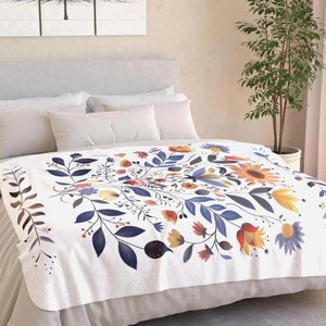 Scandinavian floral Sherpa Blanket folk art flower cozy blanket Nordic gift for her blanket pastel florals Swedish Throw blanket warm fuzzy