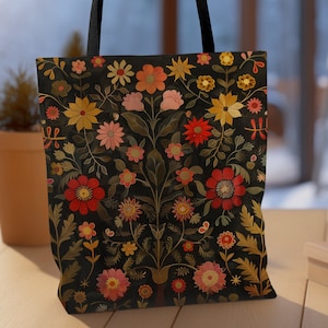 Scandinavian Tote bag Dark Green floral tote Nordic folk art forest core bag reusable flower tote Danish red orange flower folk art tote bag