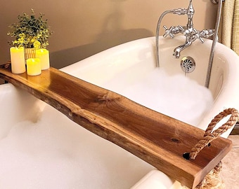 Live Edge Walnut Wood Bathtub Tray Rustic live edge wood bathtub caddy gift for her for relaxing cozy bathroom decor minimalist wood decor