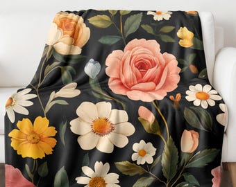 Dark Floral Sherpa Blanket Elegant home decor cozy garden flower throw blanket gift for mom living room blanket couch accent new home gift