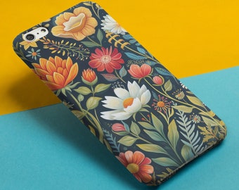 Phone  Case Scandinavian wild flower floral folk art black background iPhone case Google Pixel Samsung Galaxy phone case Nordic floral