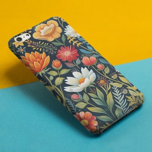 Phone  Case Scandinavian wild flower floral folk art black background iPhone case Google Pixel Samsung Galaxy phone case Nordic floral