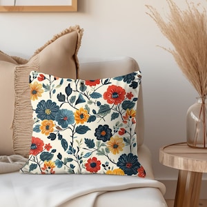 Square Pillow Floral Scandinavian Folk Art throw pillow Nordic floral accent pillow Bedroom Decor Danish living room pillow design bedding